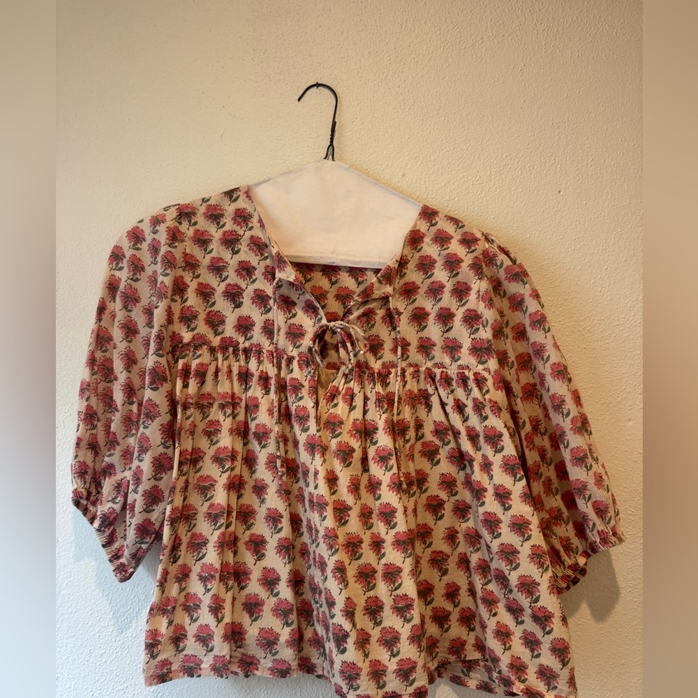 Emerson Fry Pink Floral Tie-Front Peasant Blouse